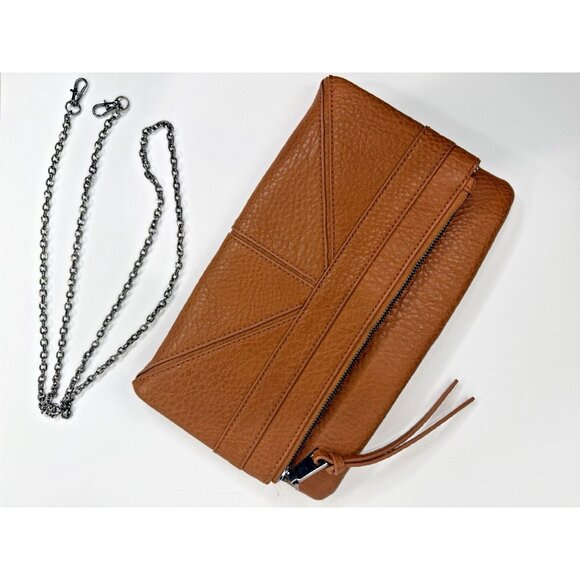 Modella Tan Faux Leather Foldover Clutch Crossbody Bag Chain Strap Purse - Picture 13 of 14